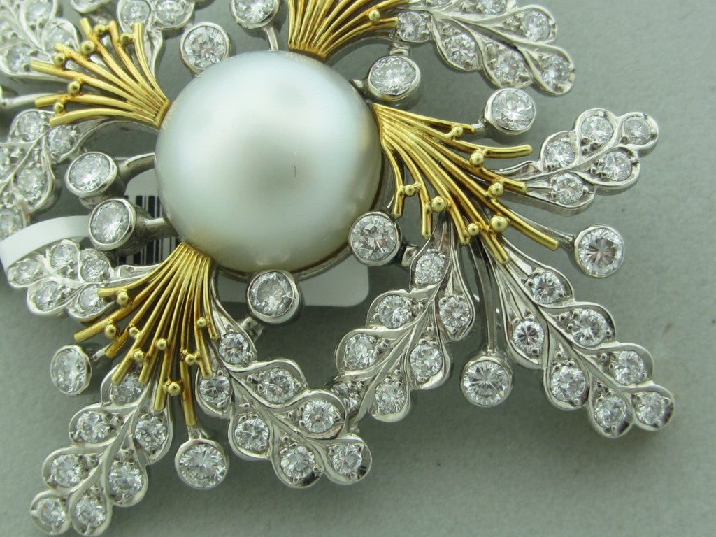 ELIZABETH GAGE  Diamond Pearl Gold Brooch Pin