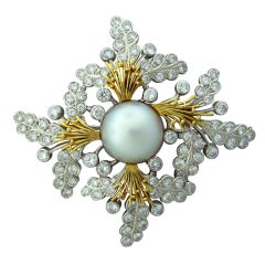 ELIZABETH GAGE  Diamond Pearl Gold Brooch Pin