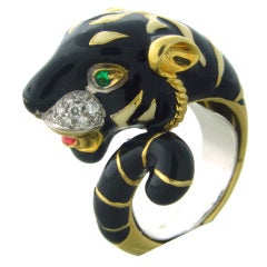 Gold Emerald Diamond Ruby Enamel Tiger Ring