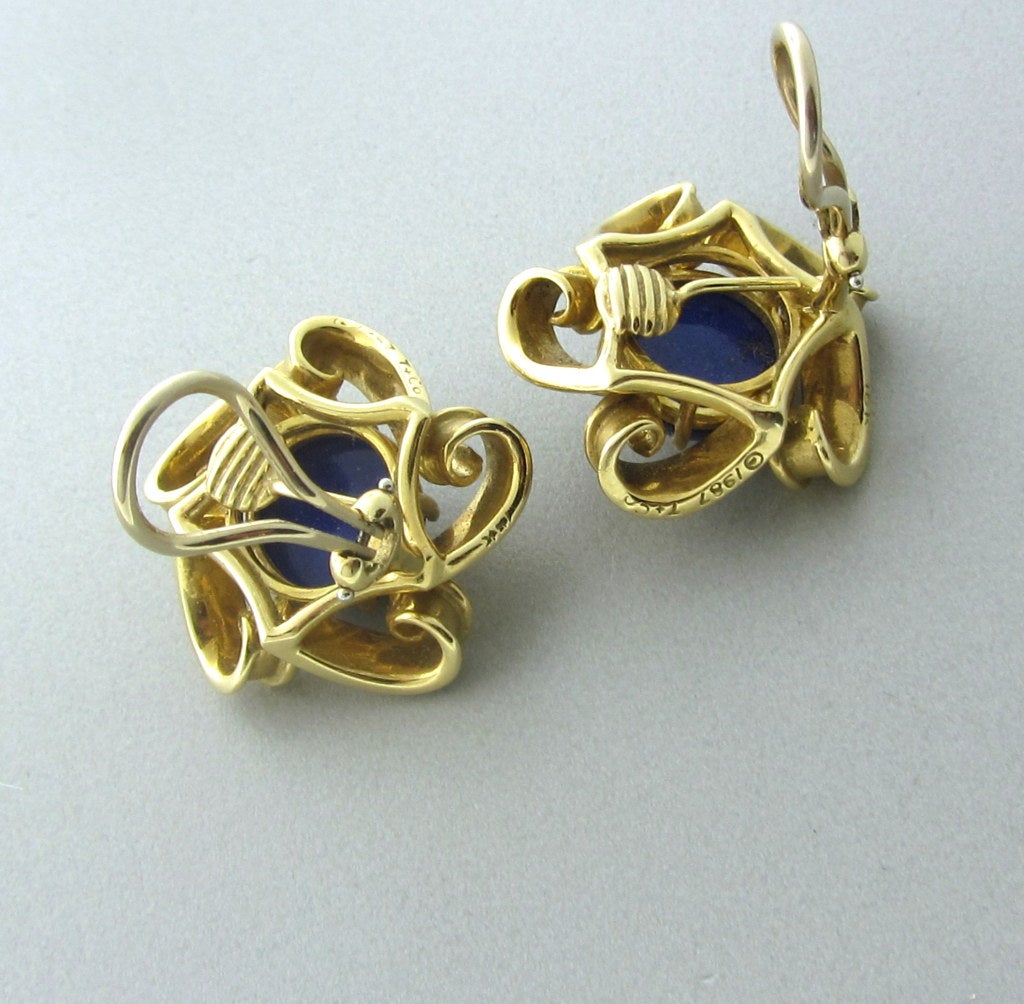 18K Yellow Gold Gemstones/Diamonds:Lapis - 11mm In Diameter Measurements: Earrings - 25mm x 25mm (Inch=25mm) Marked/Tested:18K, 1987, T&Co Clarity:n/a Color:n/a Weight:22.3g