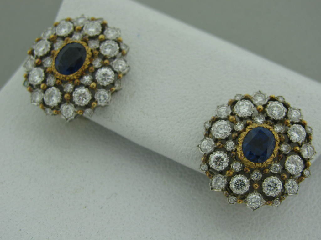 Retail $49,700 Metal: 18K yellow gold Marked/Tested BUCCELLATI, K18, ITALY Gemstones/Diamonds 64 Diamonds- 1.52ctw 2 Sapphires- 1.53ctw Clarity: VS Color: G Measurements: Earrings 18mm x 17mm (1 Inch = 25mm) Weight 8.3g