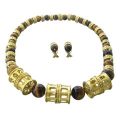 Gubelin Gold Tiger Eye Necklace Earrings Set Circa1960s