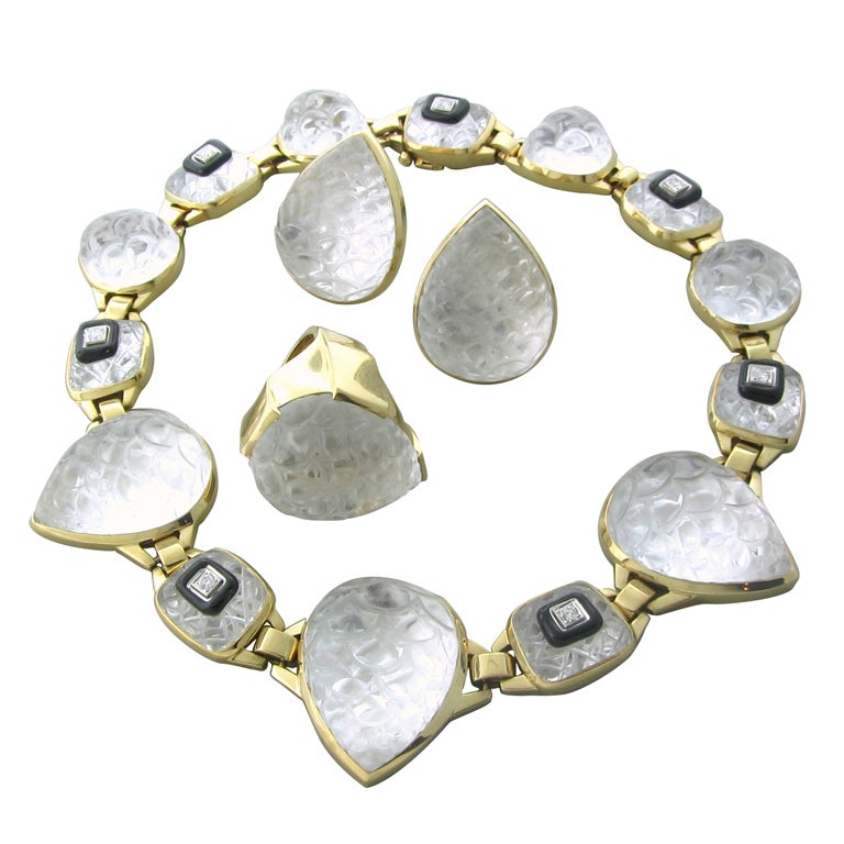 David Webb Crystal Onyx Diamond Necklace Earrings Ring Set