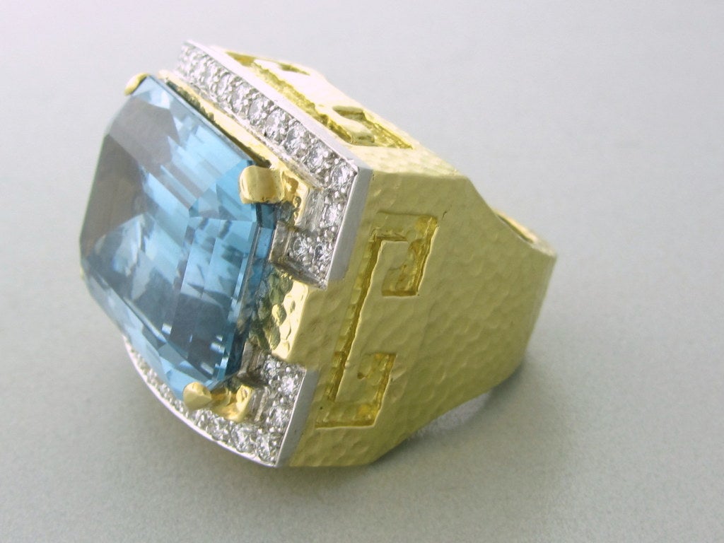 18K Yellow Gold/Platinum Gemstones/Diamonds: Diamonds - Approx. 1.04ctw Aquamarine - Approx. 43.97ct Measurements:Ring Size - 6 1/2, Ring Is 24mm X 31mm And Sits 14mm Of The Finger (Inch=25mm) Marked/Tested:David Webb,900PT,18K. Clarity:VS Color:G