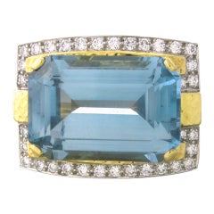 David Webb Gold Platinum Diamond Aquamarine Ring