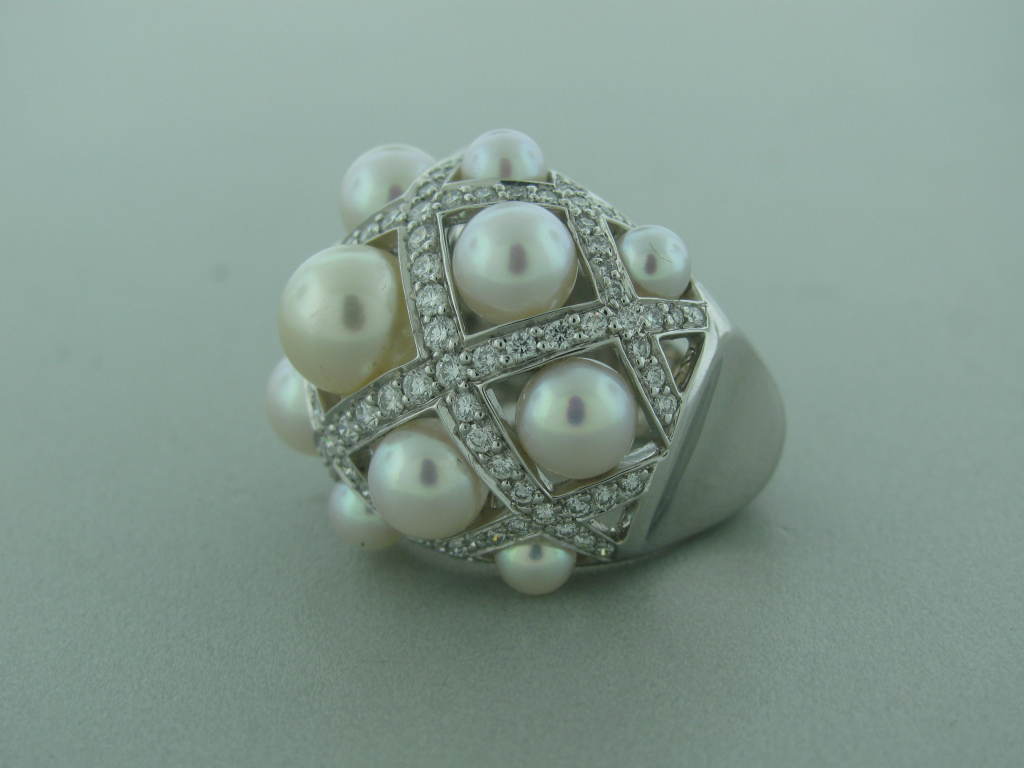 Retail: $13,600 Metal: 18k White Gold Marked/Tested: Chanel, 102216, 750, 50 Gemstones/Diamonds: Diamonds - 1.30ctw 13 Japanese Cultured Pearls - 4.7mm - 6mm Clarity: Vvs Color: F-G Measurements: Ring Size: 5.5, Top Of Ring 24mm X 28mm ( 1 Inch =