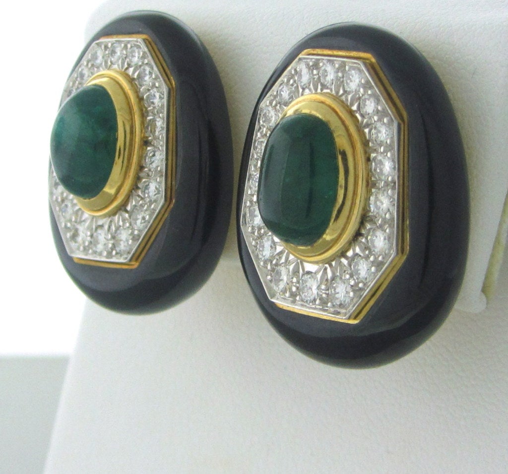 18K Yellow Gold/Platinum Gemstones/Diamonds:Diamonds - Approx. 2.00ctw Emerald Cabochons - 6.9mm X 9.6mm Measurements:Earrings Are 26mm X 21mm (Inch=25mm) Marked: Webb,18K,Plat. Clarity: VS Color:G-H Weight: 26.1g