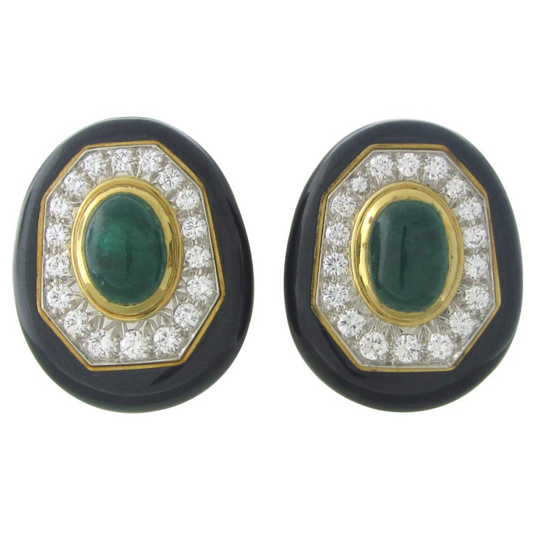 David Webb Platinum Gold Diamond Emerald Enamel Earrings