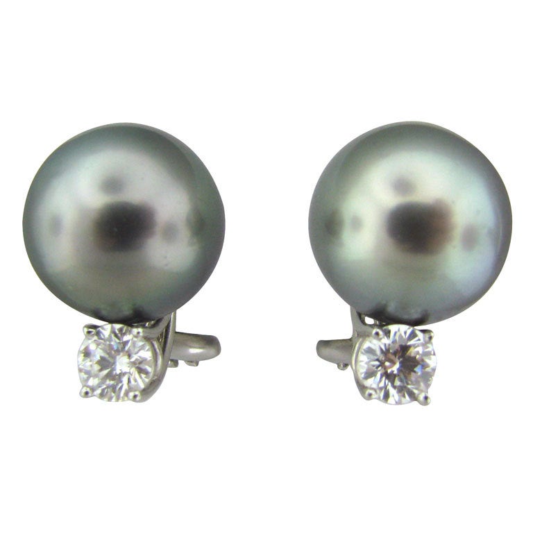 TIFFANY and CO. Tahitian Pearl Diamond Platinum Earrings at 1stdibs