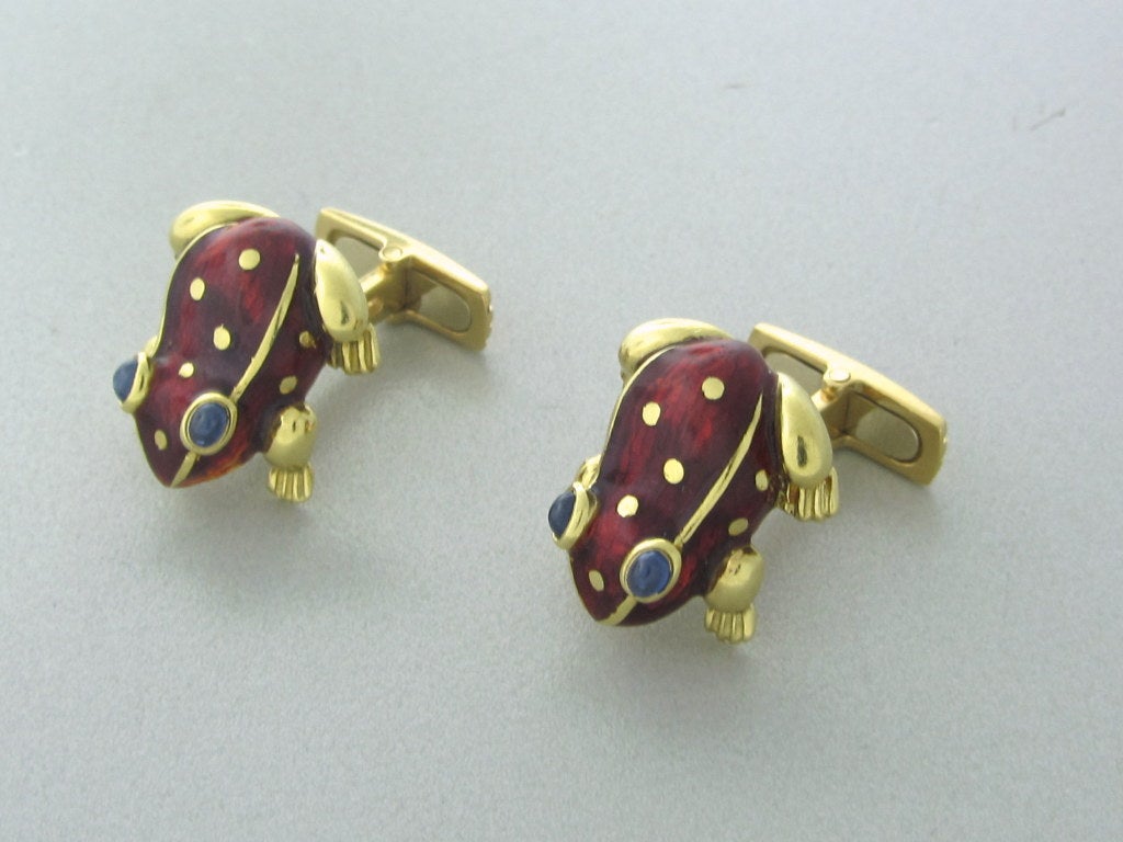 Gold Sapphire Red Enamel Frog Cufflinks