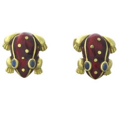 Gold Sapphire Red Enamel Frog Cufflinks