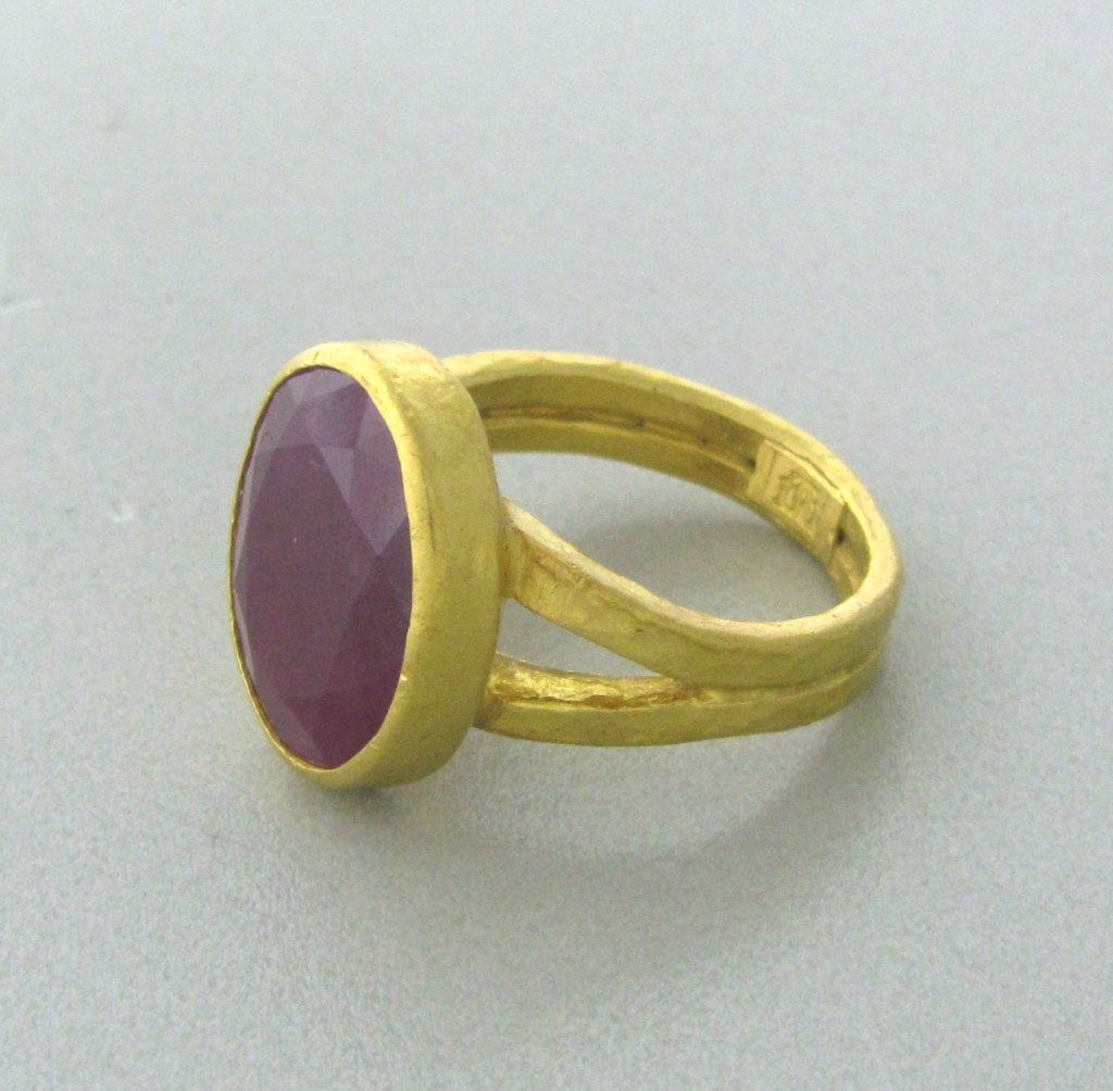 24K YELLOW GOLD
RUBY - 12mm x 15mm	
RING SIZE 7, TOP IF RING 16.8mm x 13.7mm (INCH=25mm)
MARKED:GURHAN, 0.990, RE994

WEIGHT:11.8g