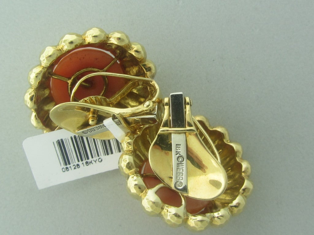 18K Yellow Gold Gemstones:Coral - 14mm In Diameter Measurements:Earrings Are 27mm In Diameter (Inch=25mm) Marked:Webb, 18K ,Weight:29.6 g