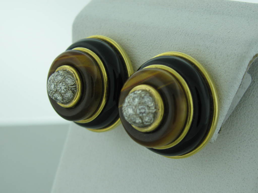 Metal: 18k Yellow Gold Marked/Tested Tiffany & Co, 18k Gemstones/Diamonds Diamonds - Approx. 0.75 - 0.80ctw Tiger Eye Onyx Clarity: Vs Color: G Measurements: Earrings 23mm In Diameter (1 Inch = 25mm) Weight 35.3g