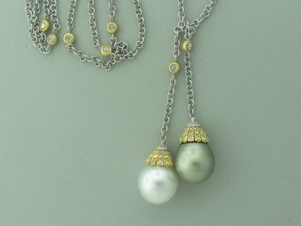 Buccellati Gold Diamond South Sea Pearl Lariat Necklace at 1stDibs