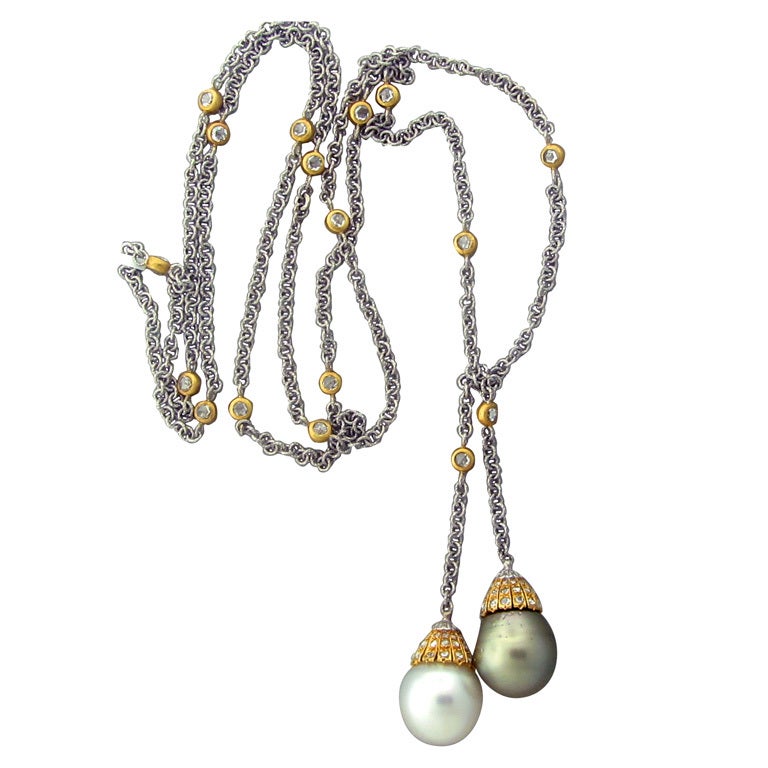 Buccellati Gold Diamond South Sea Pearl Lariat Necklace at 1stDibs