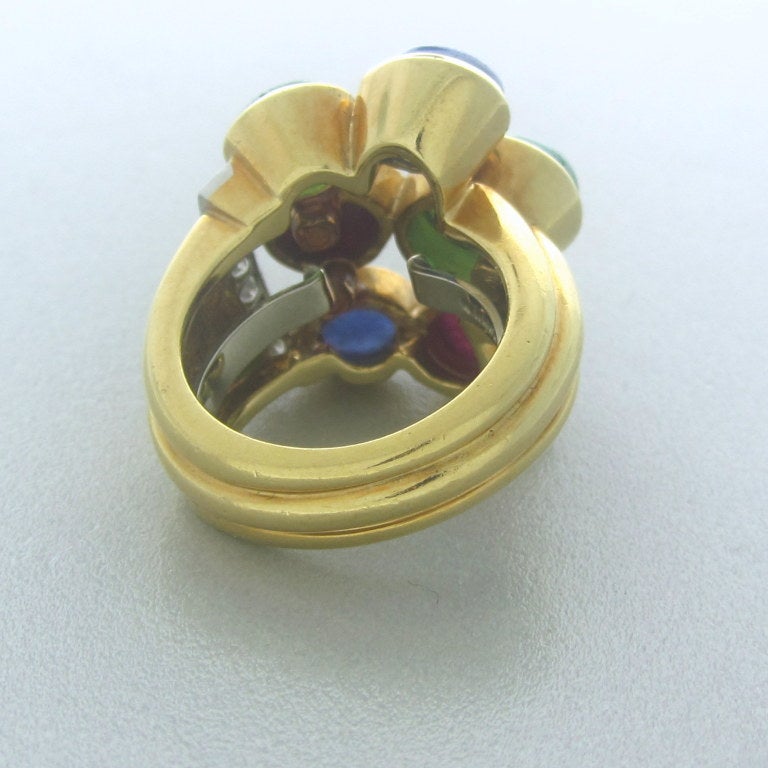 David Webb Gold Platinum Diamond Emerald Sapphire Ring In Excellent Condition In Lambertville, NJ