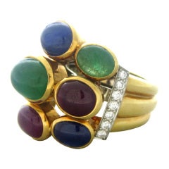 David Webb Gold Platinum Diamond Emerald Sapphire Ring