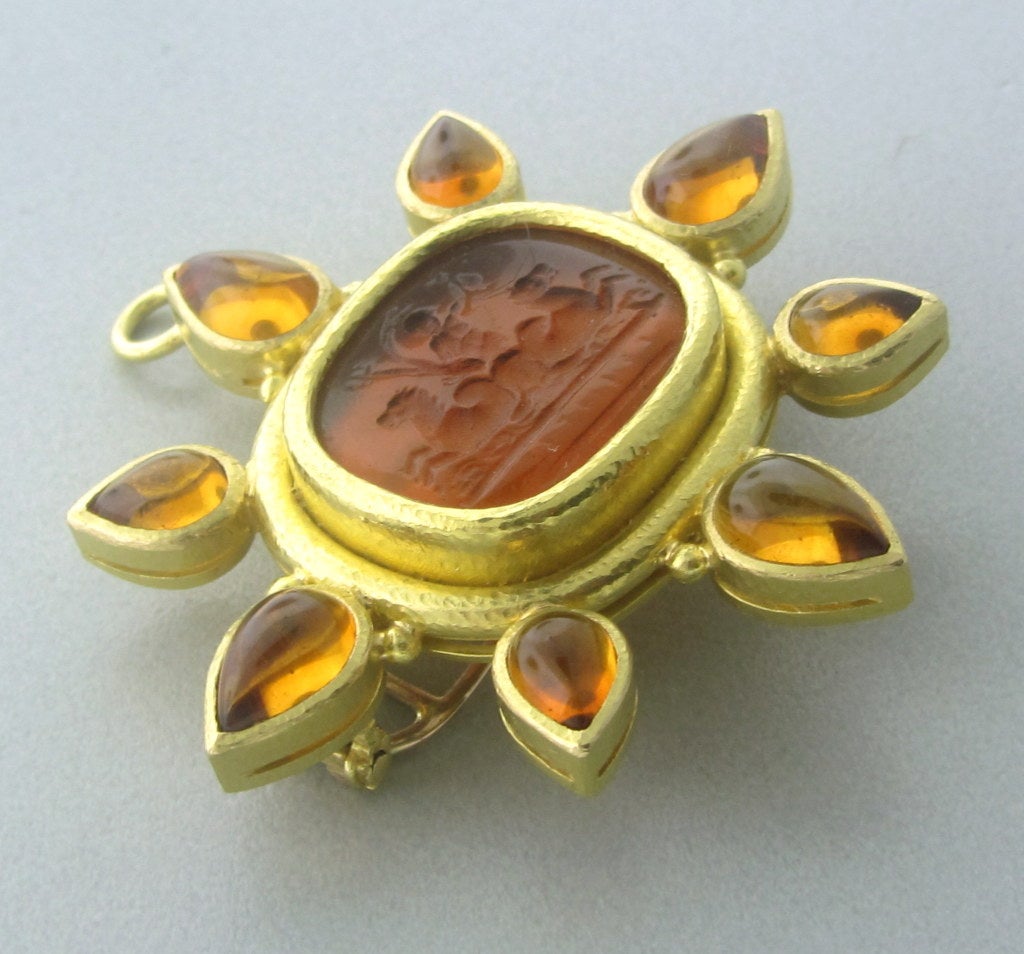 Elizabeth Locke 18K Gold Citrine Intaglio Venetian Glass Brooch Pin.18K Yellow Gold Gemstones/Diamonds: Citrine, Intaglio Glass. Measurements: Brooch Is 47mm X 45mm (Inch=25mm) Marked: 18K,Locke Hallmark.  Weight: 24.0g