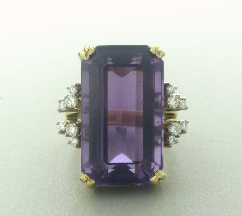 18K YELLOW GOLD/PLATINUM
GEMSTONES/DIAMONDS 	

DIAMONDS - APPROX. 0.30ctw

AMETHYST - APPROX. 30ct, 23mm X 13mm
RING SIZE - 5 3/4. RING TOP IS 25mm X 22mm   (INCH=25mm)
MARKED:MAKERS MARK, 950,750
CLARITY:VS
COLOR:H
WEIGHT:16.4g