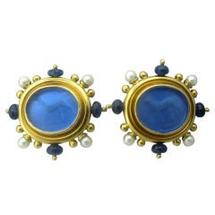 Elizabeth Locke Gold Sapphire Intaglio Venetian Glass Earrings