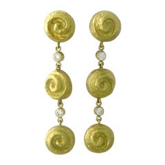 Katy Briscoe Sacred Spirals Gold Diamond Three Drop Earrings