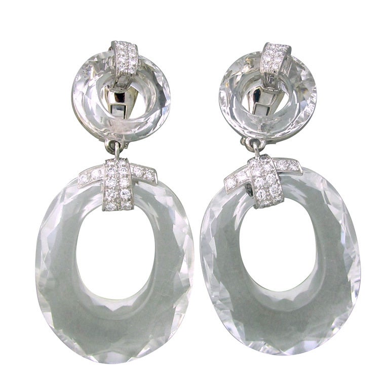 David Webb Gold Platinum Diamond Rock Crystal Earrings
