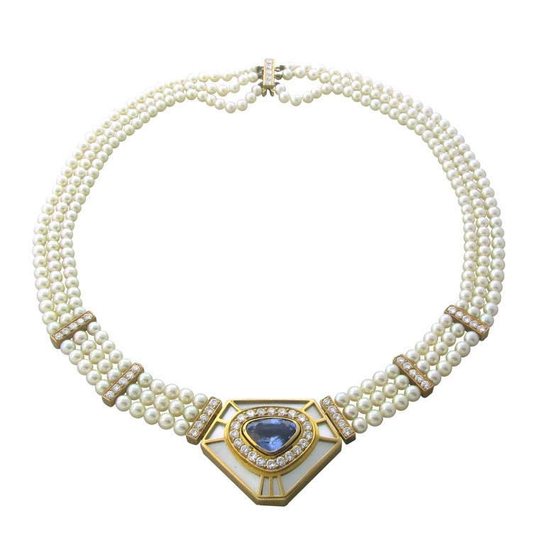 De Vroomen London Gold Pearl Diamond Sapphire Necklace