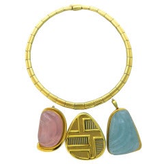 Burle Marx  Gold Rose Quartz Aquamarine Pin Pendant Necklace Set