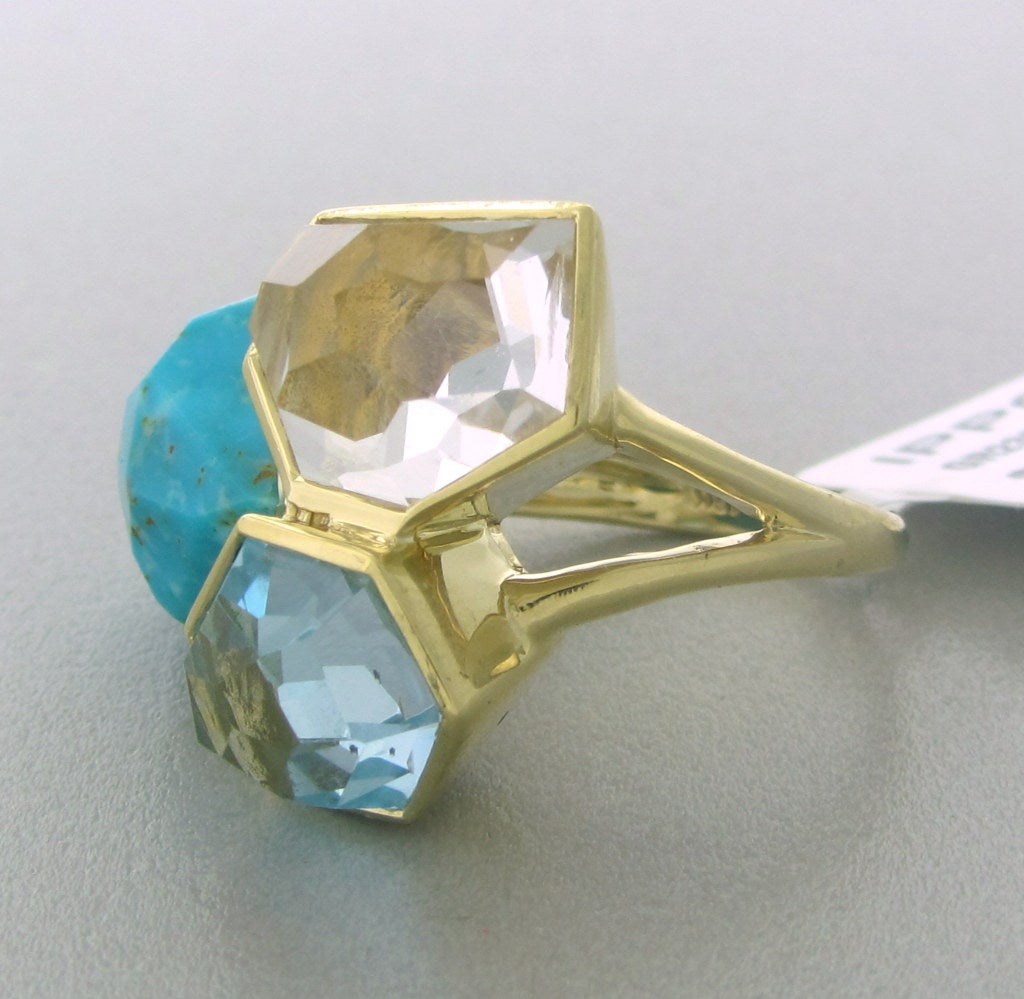 Retail $3000 Metal: 18K Yellow Gold
Gemstones: Turquoise, Blue Topaz, Quartz 
Measurements: Ring Size - 7, Ring Top Is 21mm x 27mm (Inch=25mm) 
Marked/Tested: Ippolita, 18k Weight: 14.5g