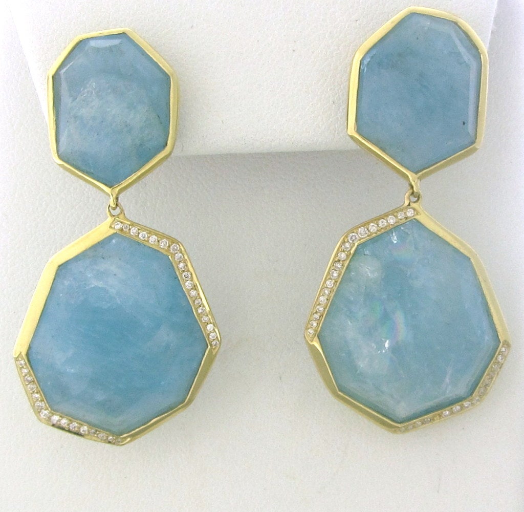 Ippolita 18K Gold Diamond Milky Aquamarine Rock Candy Drop Earrings