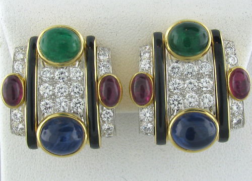 METAL 	18K YELLOW GOLD
GEMSTONES/DIAMONDS 	DIAMONDS - 2.30ctw CABOCHON RUBIES - 3.07ctw CABOCHON SAPPHIRES - 6.86ctw CABOCHON EMERALDS - 3.91ctw ONYX
MEASUREMENTS 	EARRINGS 25mm x 23mm ( 1 INCH = 25mm)
MARKED/TESTED 	WEBB, 18K, PLAT
CLARITY