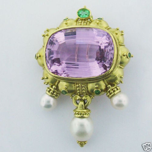Gold Garnet Kunzite Pearl Brooch