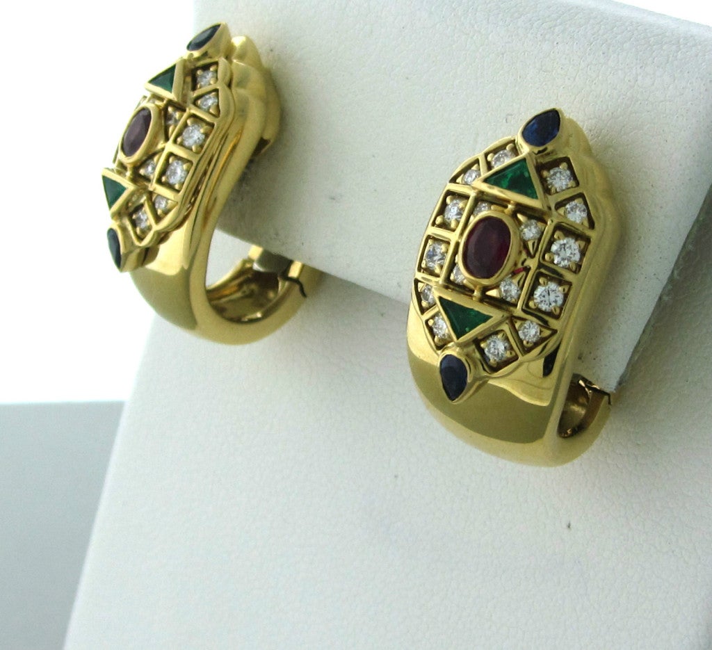 Cartier Gold Ruby Emerald Sapphire Diamond Earrings In Excellent Condition In Lambertville, NJ