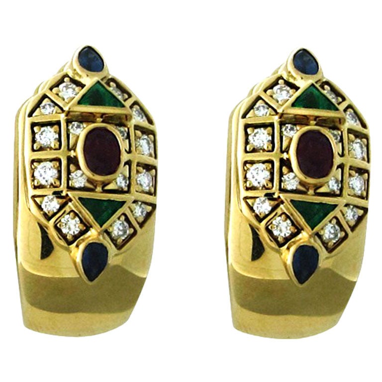 Cartier Gold Ruby Emerald Sapphire Diamond Earrings