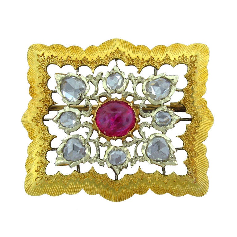BUCCELLATI Vintage Gold Diamond Ruby Brooch