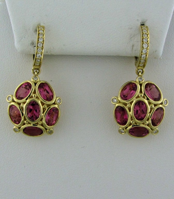 Metal 	18k Yellow Gold
Gemstones/diamonds 	Pink Tourmaline - 6.00ctw
Diamonds - 0.33ctw
Measurements 	Earrings - 32mm X 15mm (1 Inch = 25mm)
Marked/tested 	Temple St. Clair Hallmark, 750
Clarity 	Vs
Color 	G
Weight 	10.0g