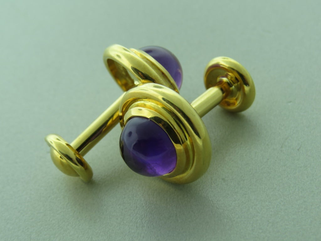 18K Yellow Gold , Bezel set Amethyst , top of the cufflink 17mm in diameter, marked: Tiffany & co, 750, Paloma Picasso, Weight 26.7g.