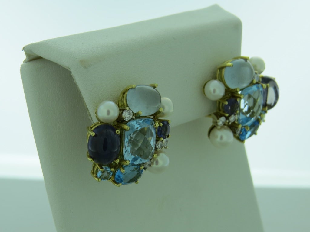 18k Yellow Gold.  Gemstones - Diamonds: approx. 0.30ctw H/VS; Pearls,iolite,aquamarine,moonstone,blue topaz. Marked: 18k,MAZ. Measurements - 22mm x 24mm. Weight - 17.2g