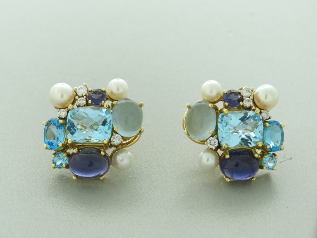 Maz Gold Diamond Multi Gemstone Earrings In Excellent Condition In Lambertville, NJ