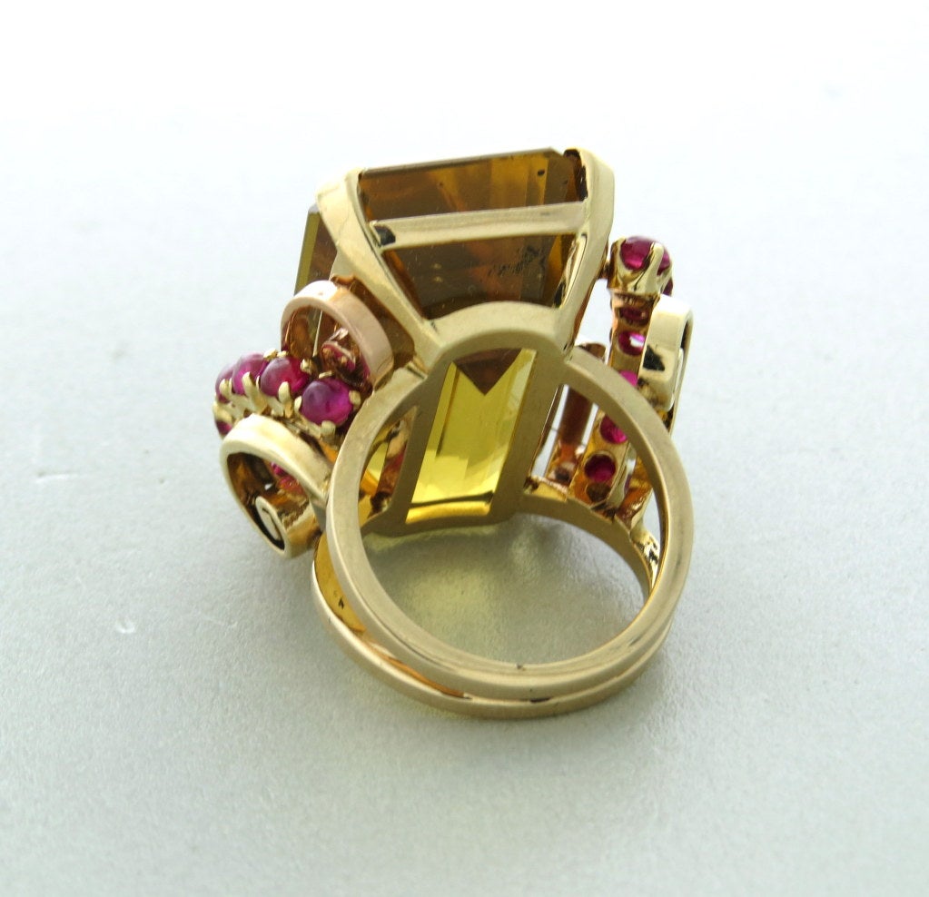 Retro Gold 30ct Citrine Ruby Ring In Good Condition In Lambertville, NJ