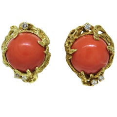 Arthur King Gold Diamond Coral Earrings