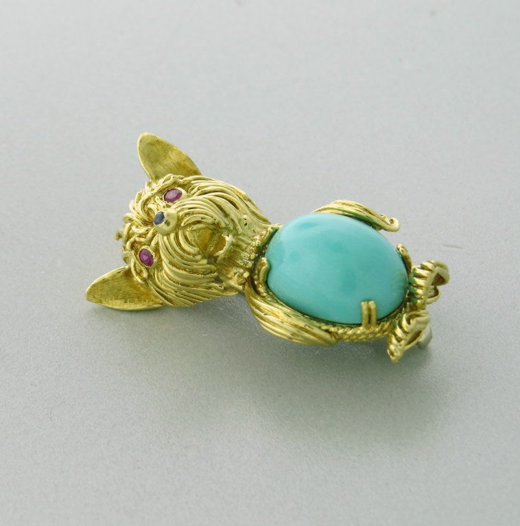 18k Gold Yorkie Dog Brooch Pin. Gemstones - turquoise, rubies, sapphire. Marked - k18,237AL. weight - 17.6 grams