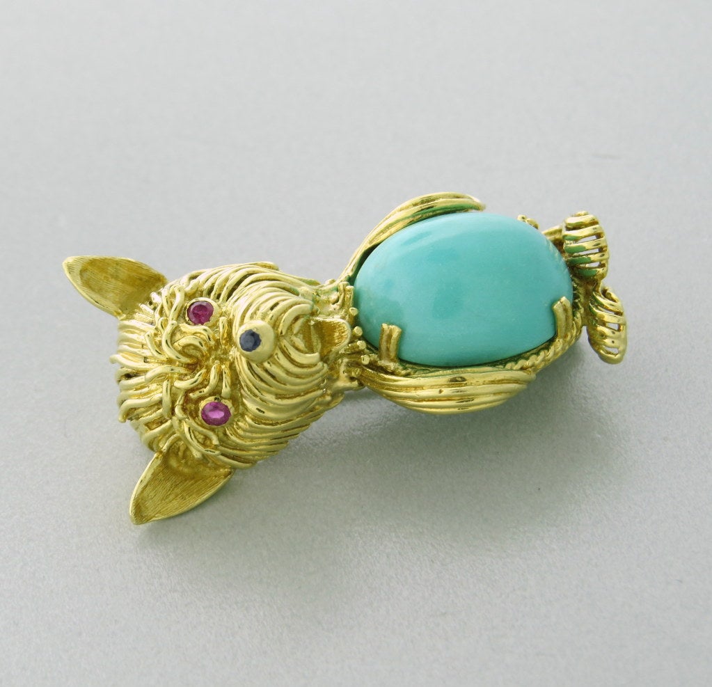 Gold Turquoise Sapphire Ruby Dog Brooch In Excellent Condition In Lambertville, NJ