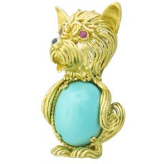 Gold Turquoise Sapphire Ruby Dog Brooch