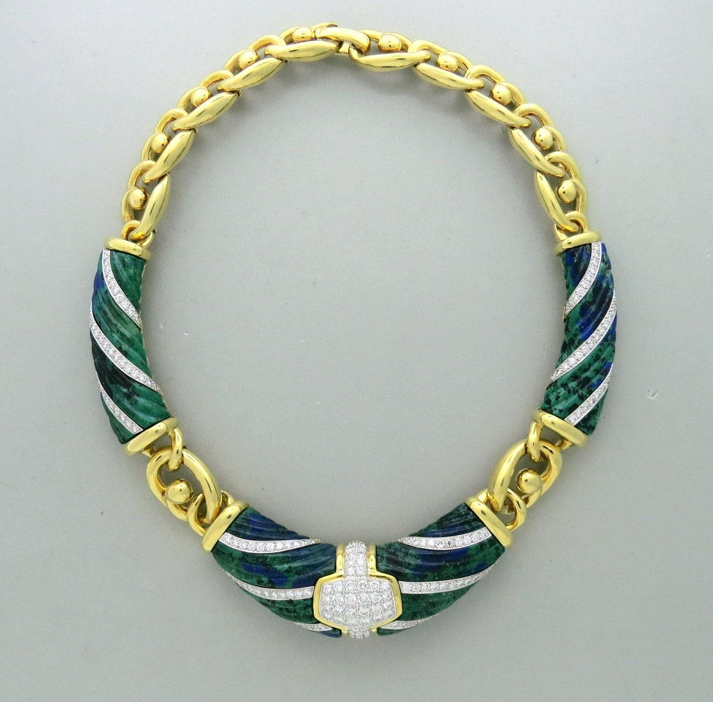 1980s David Webb Gold Platinum Azurite Necklace Earrings Set In Excellent Condition In Lambertville, NJ