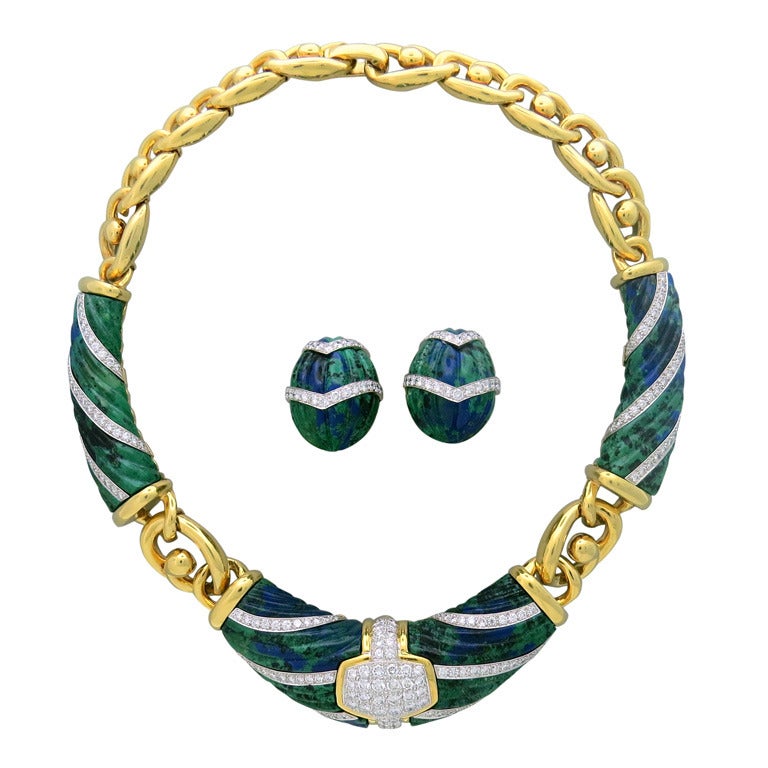 1980s David Webb Gold Platinum Azurite Necklace Earrings Set