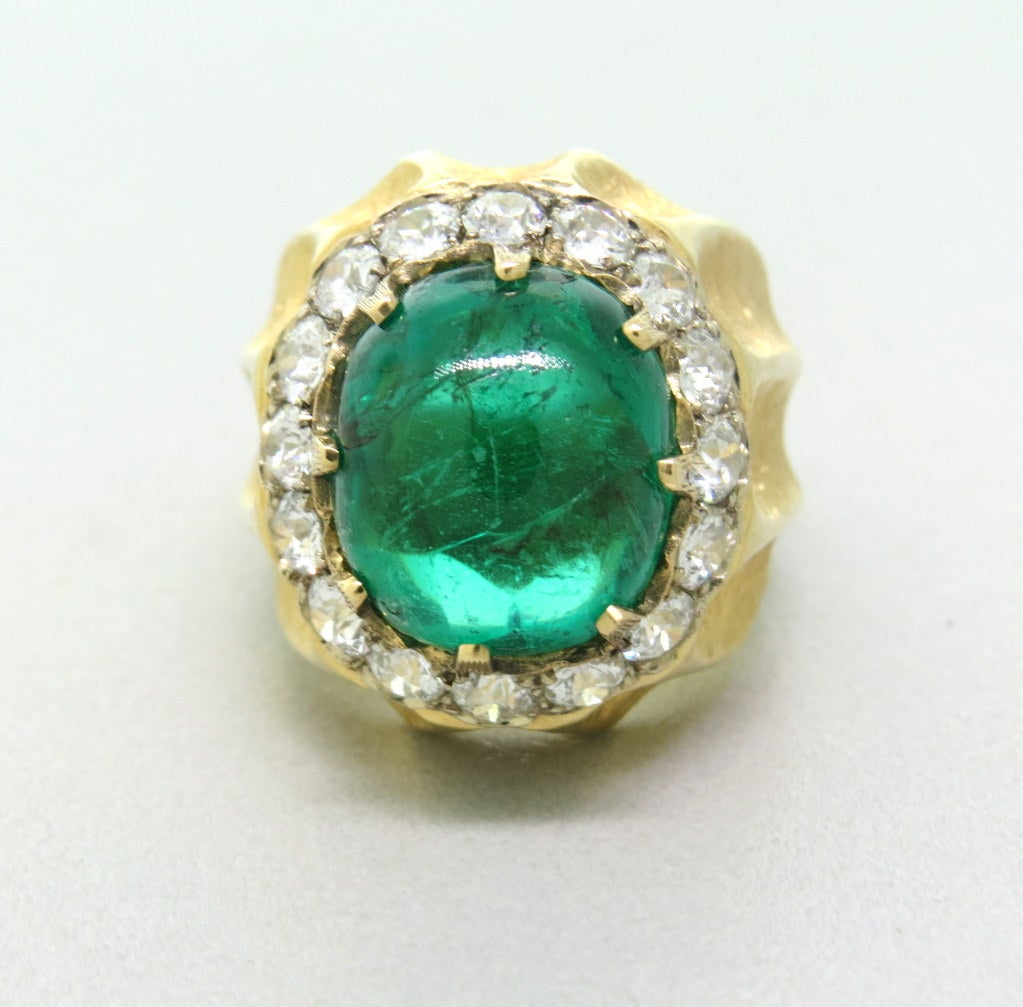 Vintage Mario Buccellati 18k Gold Diamond Emerald Cocktail Ring, Ring size - 7, ring top is 26mm x 18mm . weight - 19.4g Emerald- 13.7mm X 12mm  Bright Rich Green Color ( some natural external Imperfections ) , approx. diamond weight 1.60ctw., mark