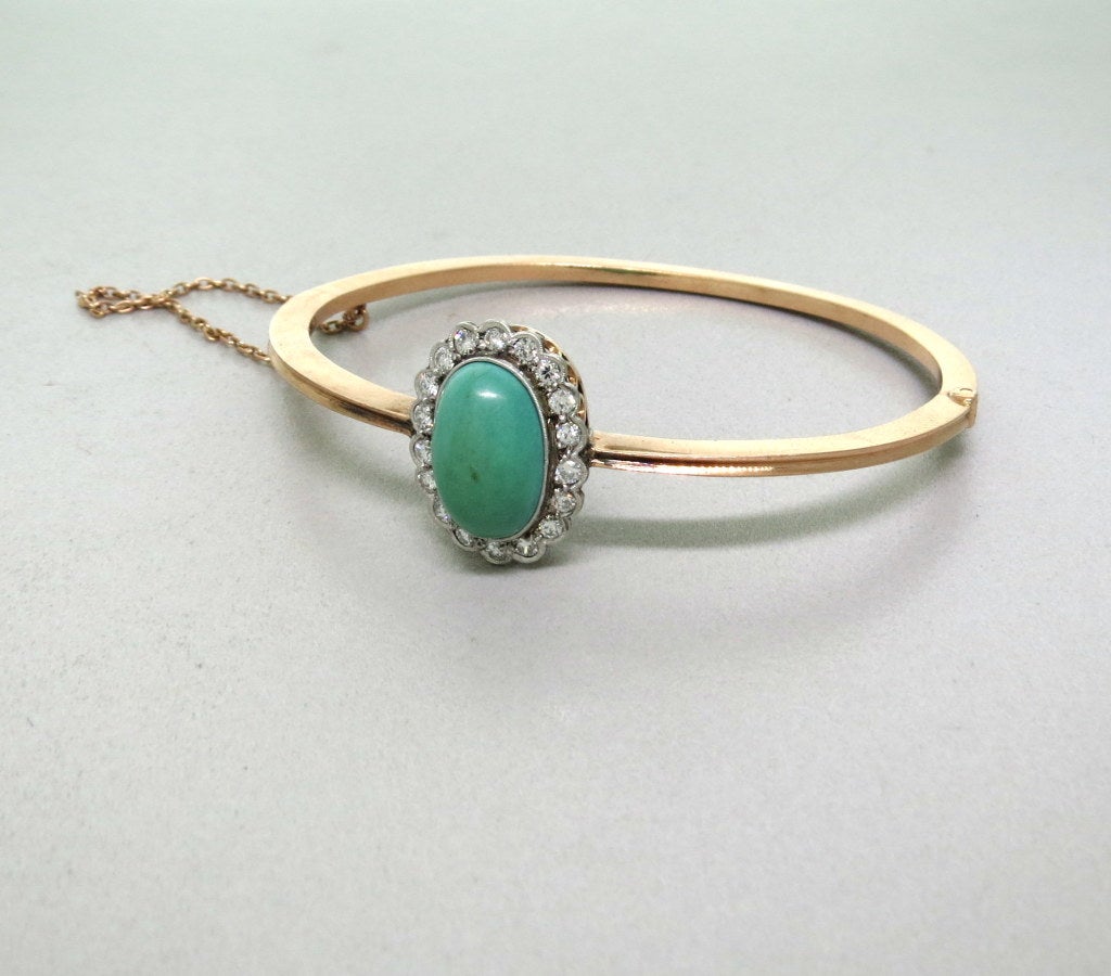 Antique Victorian 14k gold bangle bracelet. Diamonds - approx. 0.60ctw VS1/SI1 H. Turquoise. Will fit medium size wrist up to 7
