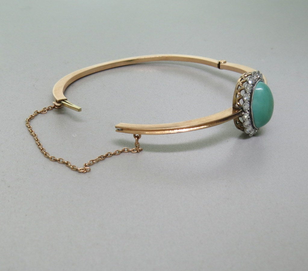 Antique Gold Diamond Turquoise Bangle Bracelet In Excellent Condition In Lambertville, NJ